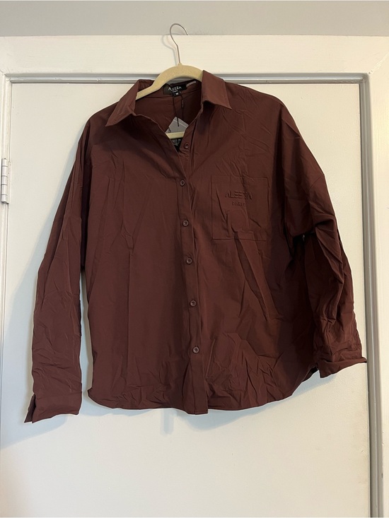 Aleeza Paris Tops - Aleeza Button-Up Nylon Shirt Dark Brown embossed logo medium